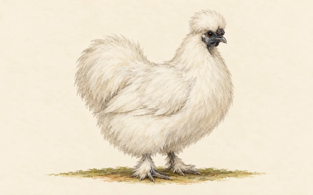 Illustration naturaliste d’une poule soie blanche de trois quarts : plumage duveteux, huppe, face sombre et pattes emplumées