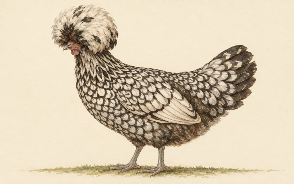 Illustration naturaliste d’une poule à grande huppe ronde, au plumage liseré noir et blanc, vue de profil