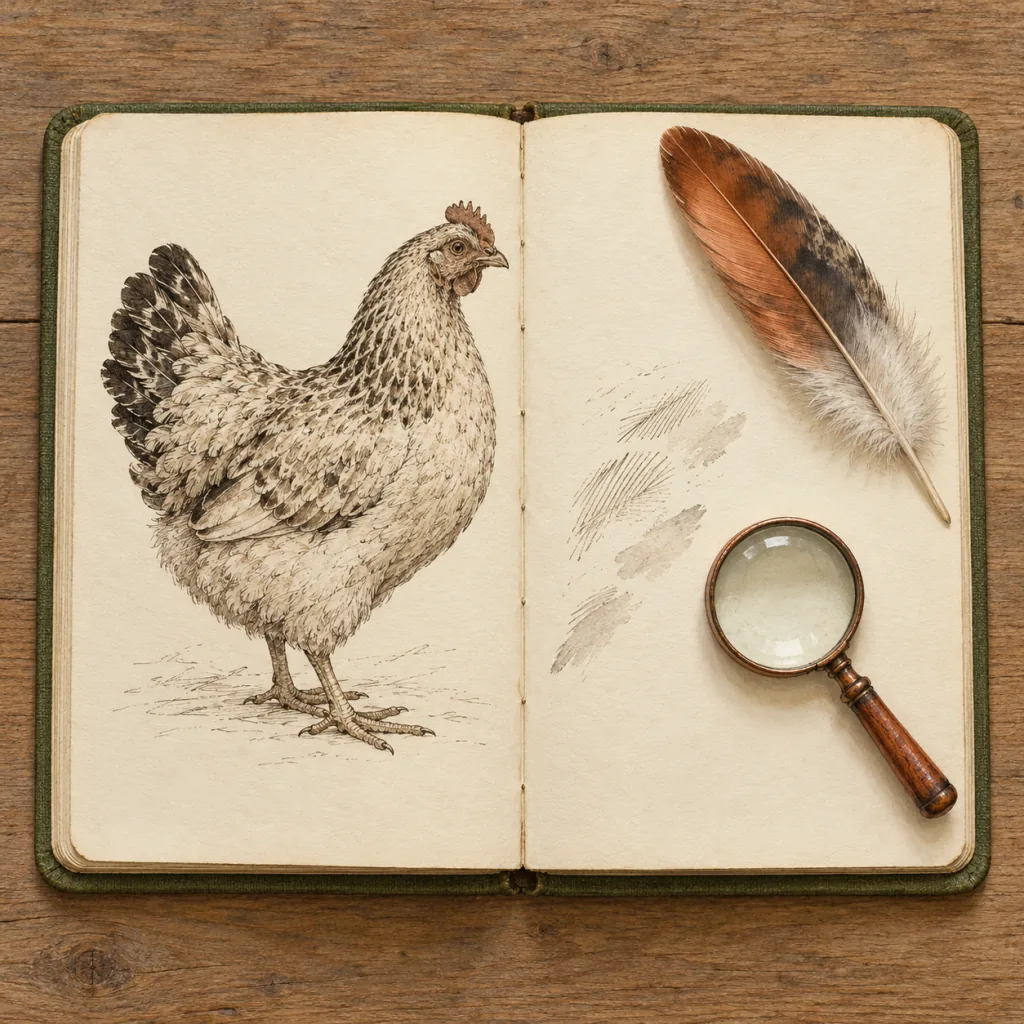 Illustration d’un carnet ouvert sur une table en bois : croquis à l’encre d’une poule, une plume rousse et une loupe