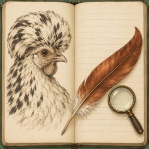 Emblème de la rédaction de Nidplume : carnet ouvert avec le croquis d’une tête de poule huppée, une plume rousse et une loupe